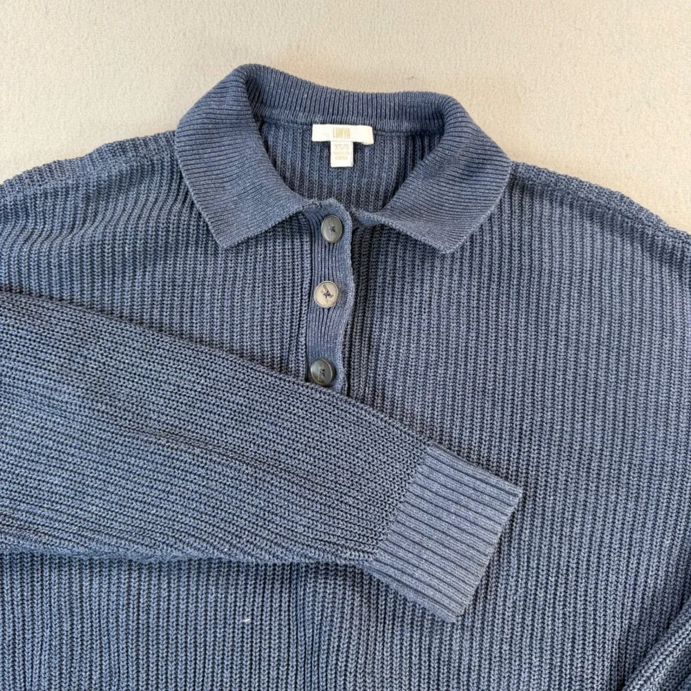 Lunya Good In Bed Navy Blue Chunky Knit Polo Sweater Cotton Silk Mens XS